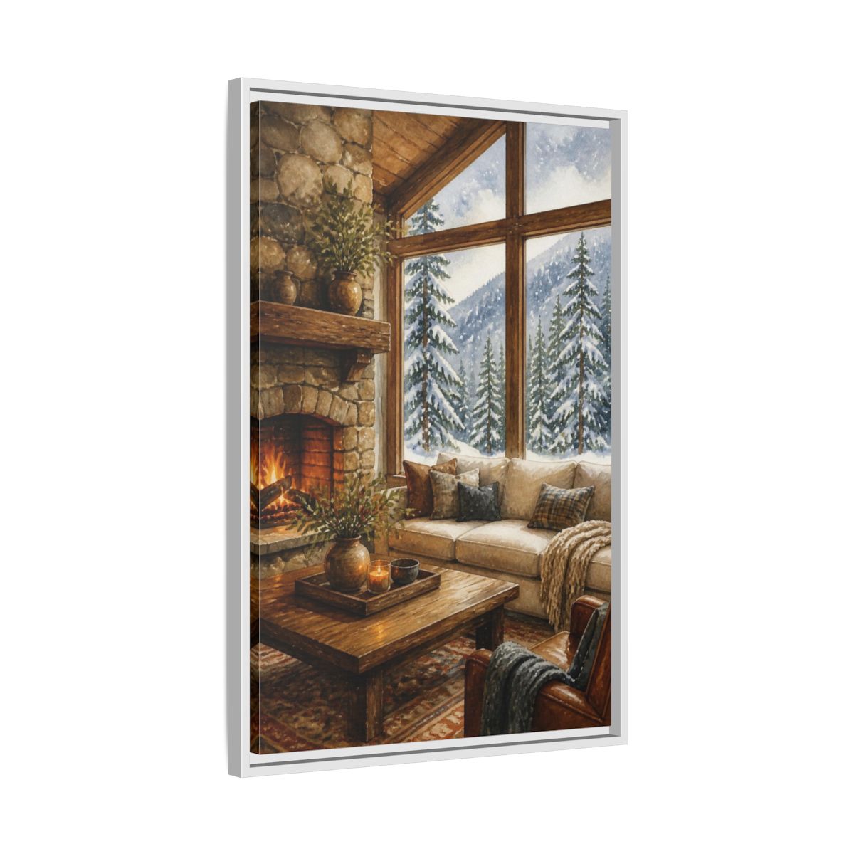 Side Mockup 10. Living Room Cabin Window shown as framed canvas print