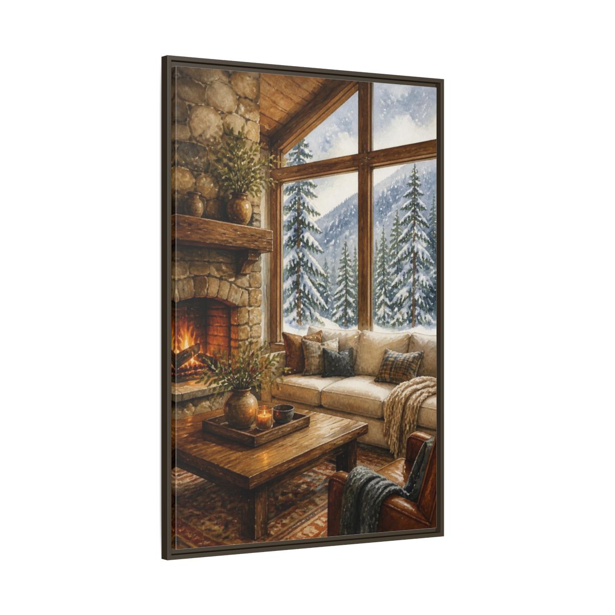 Side Mockup 8. Living Room Cabin Window shown as framed canvas print