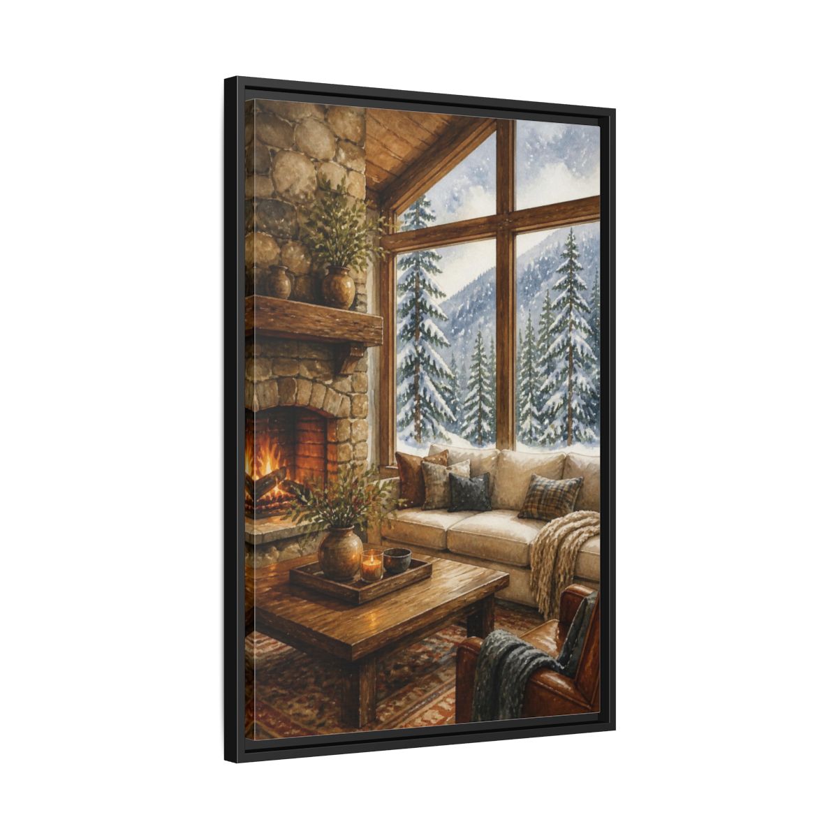 Side Mockup 14. Living Room Cabin Window shown as framed canvas print