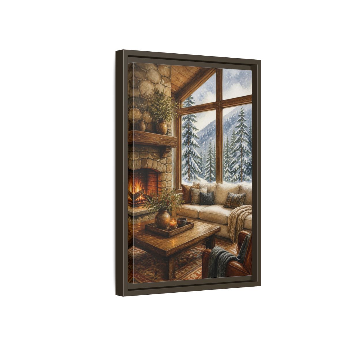Side Mockup 5. Living Room Cabin Window shown as framed canvas print