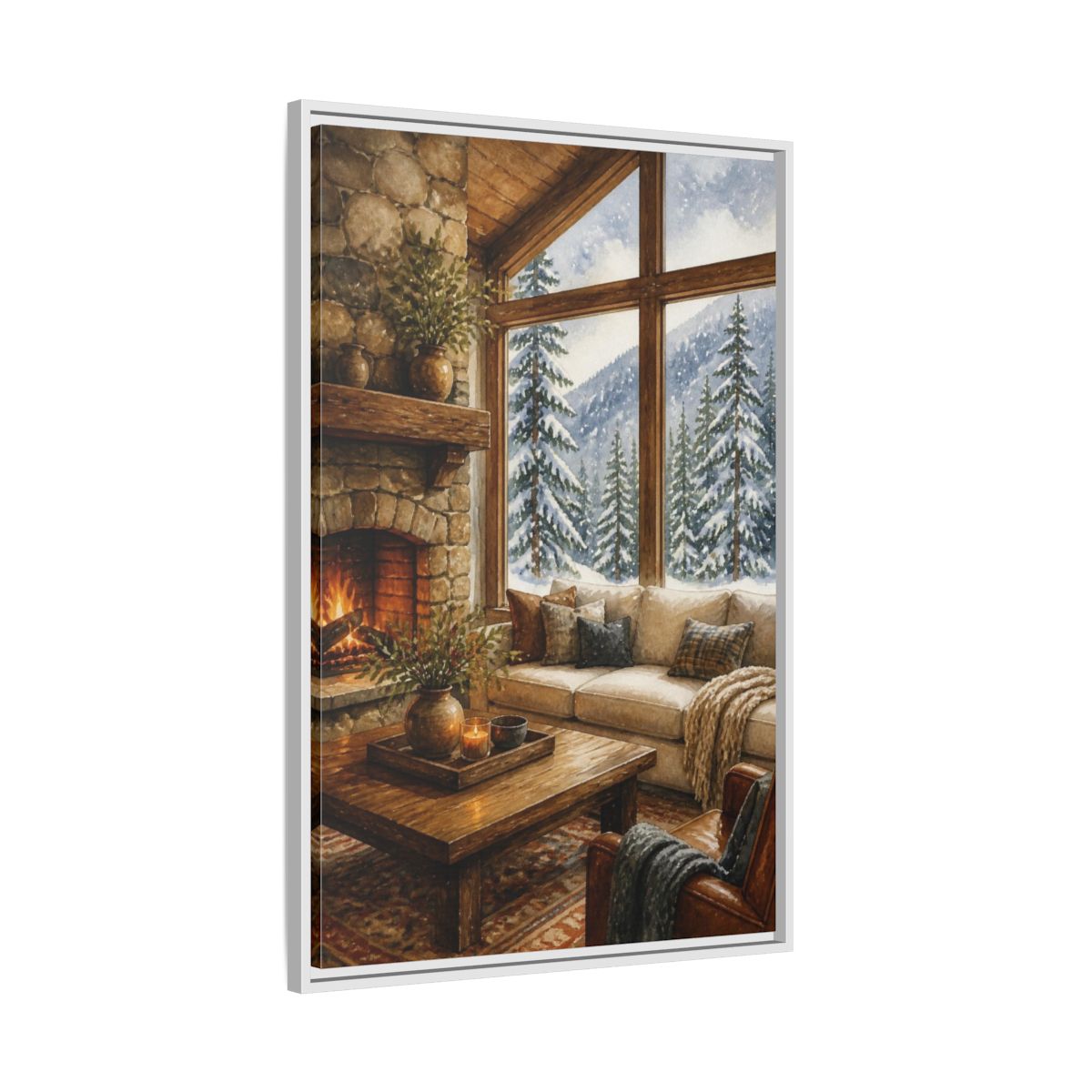 Side Mockup 9. Living Room Cabin Window shown as framed canvas print