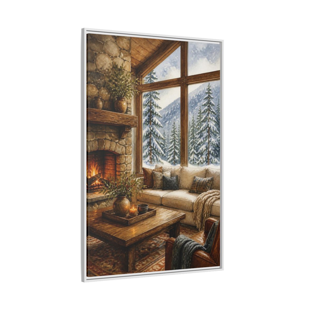 Side Mockup 7. Living Room Cabin Window shown as framed canvas print