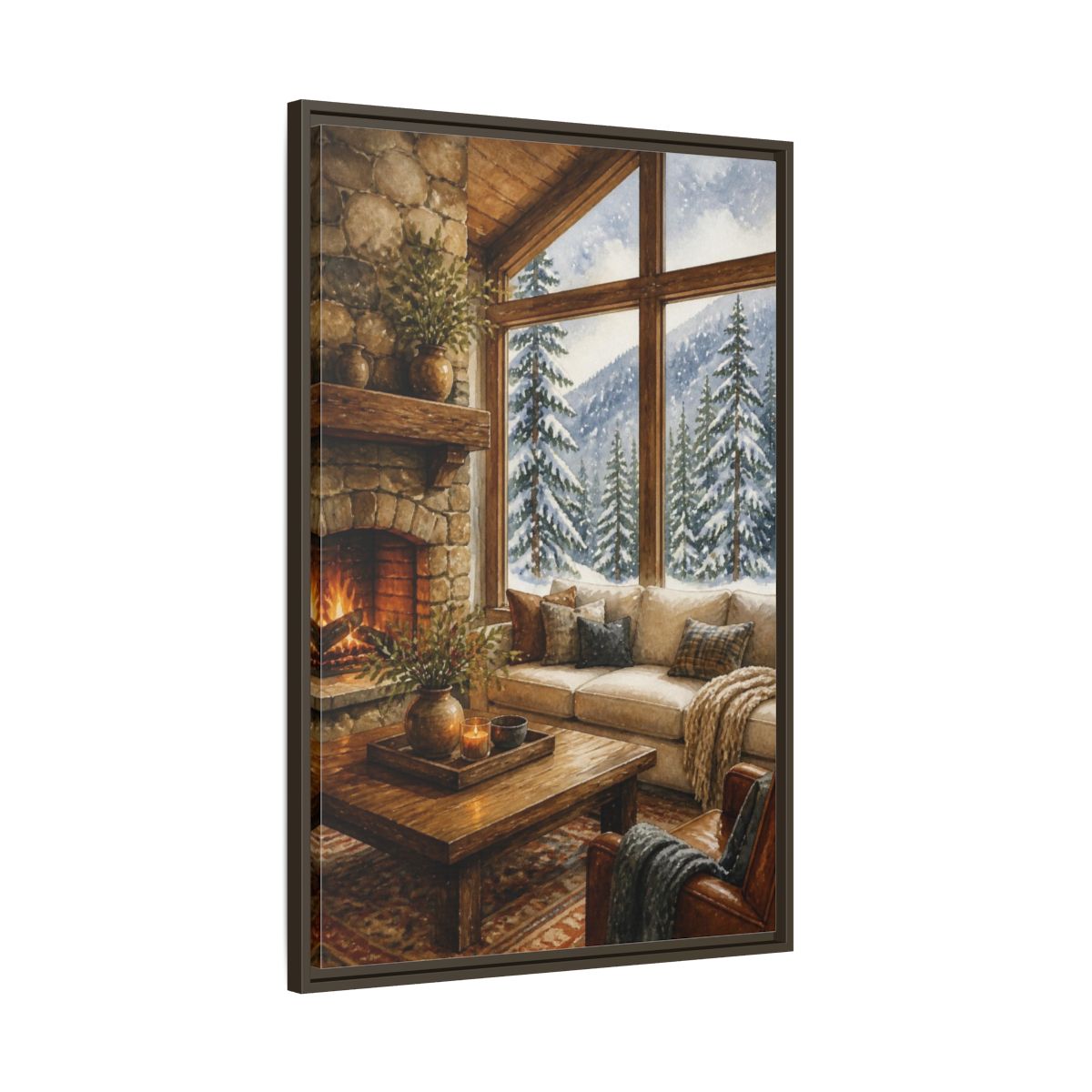 Main Mockup. Living Room Cabin Window shown as framed canvas print