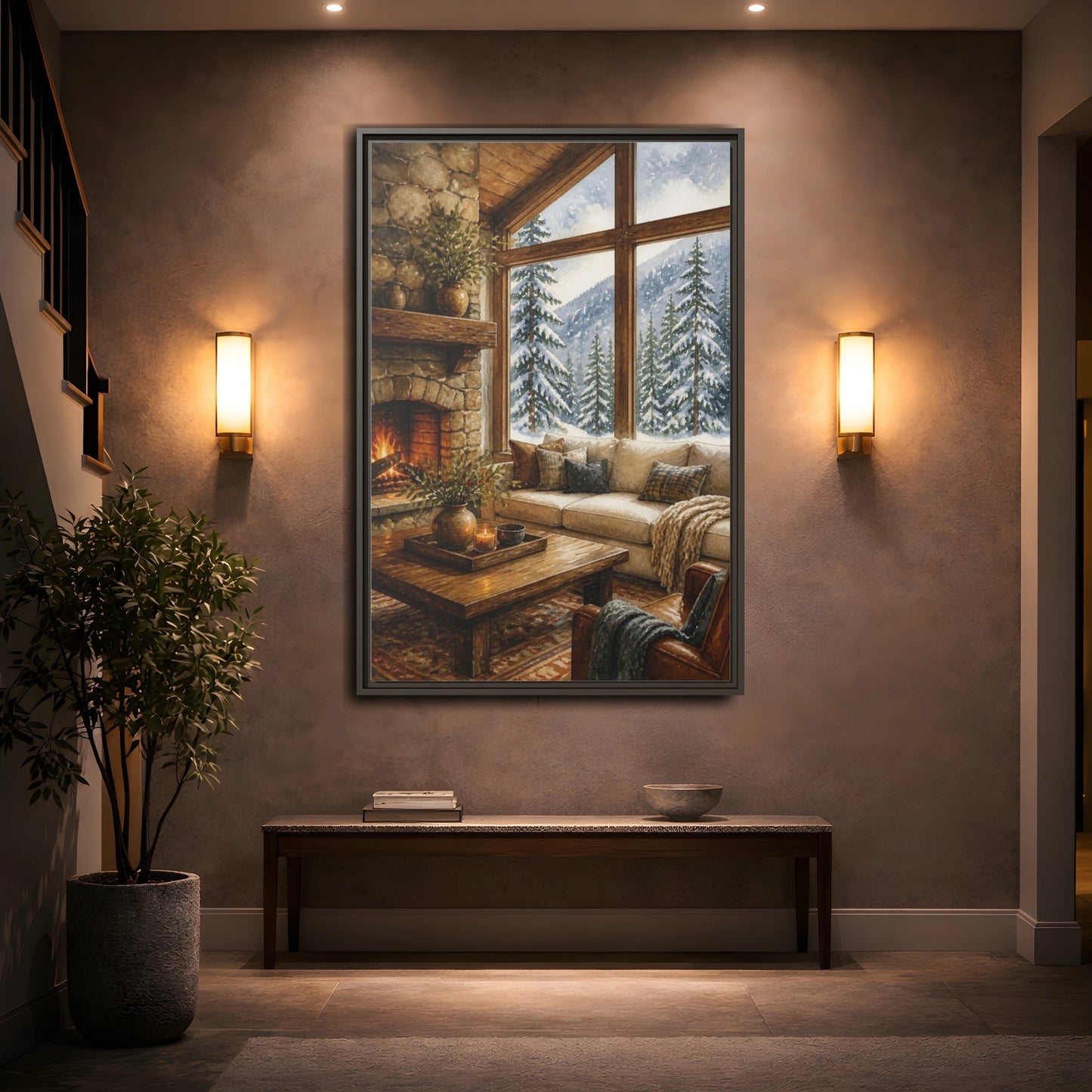 Mockup 2. Living Room Cabin Window shown as framed canvas print