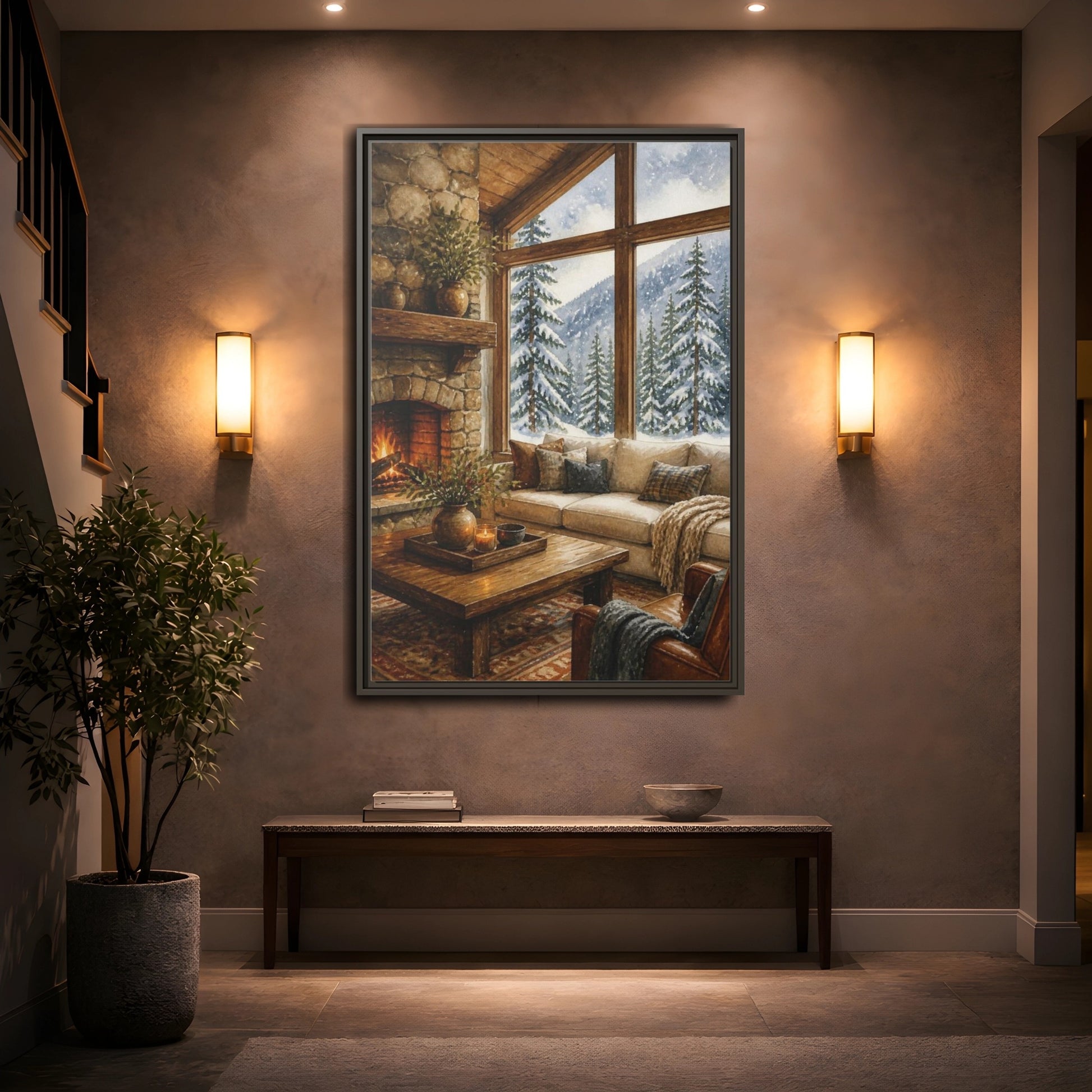 Mockup 2. Living Room Cabin Window shown as framed canvas print