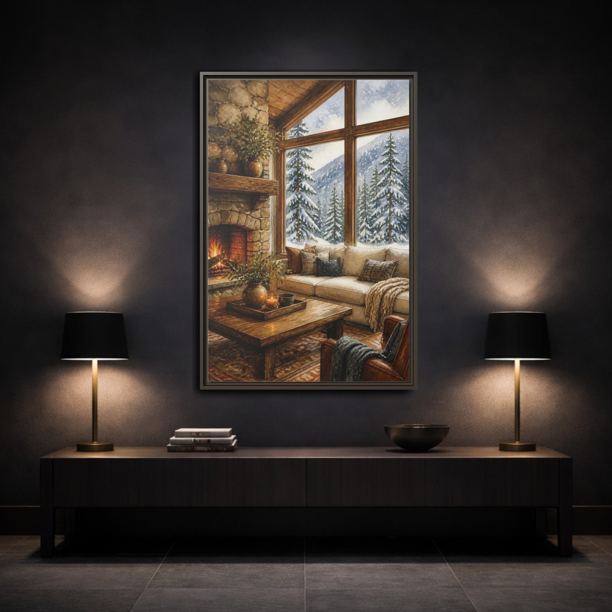 Mockup 3. Living Room Cabin Window shown as framed canvas print