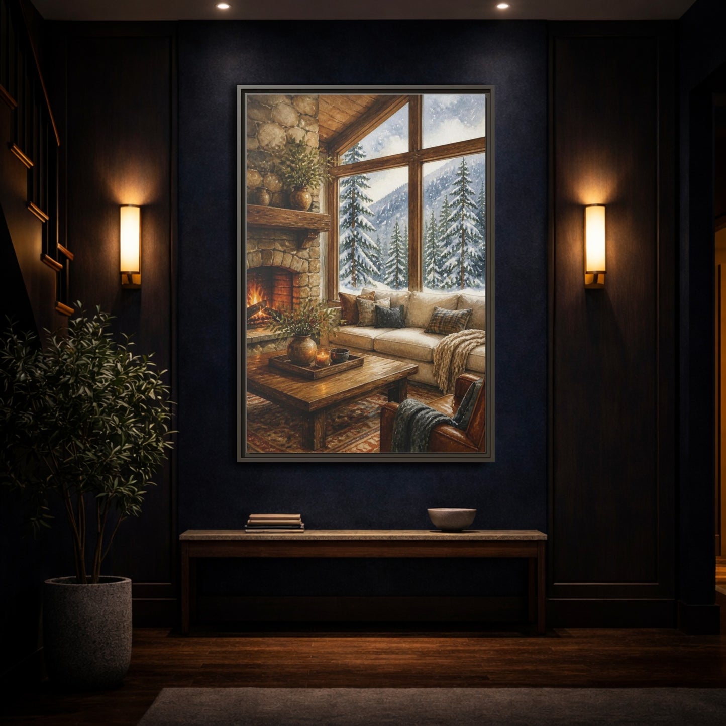 Mockup 4. Living Room Cabin Window shown as framed canvas print
