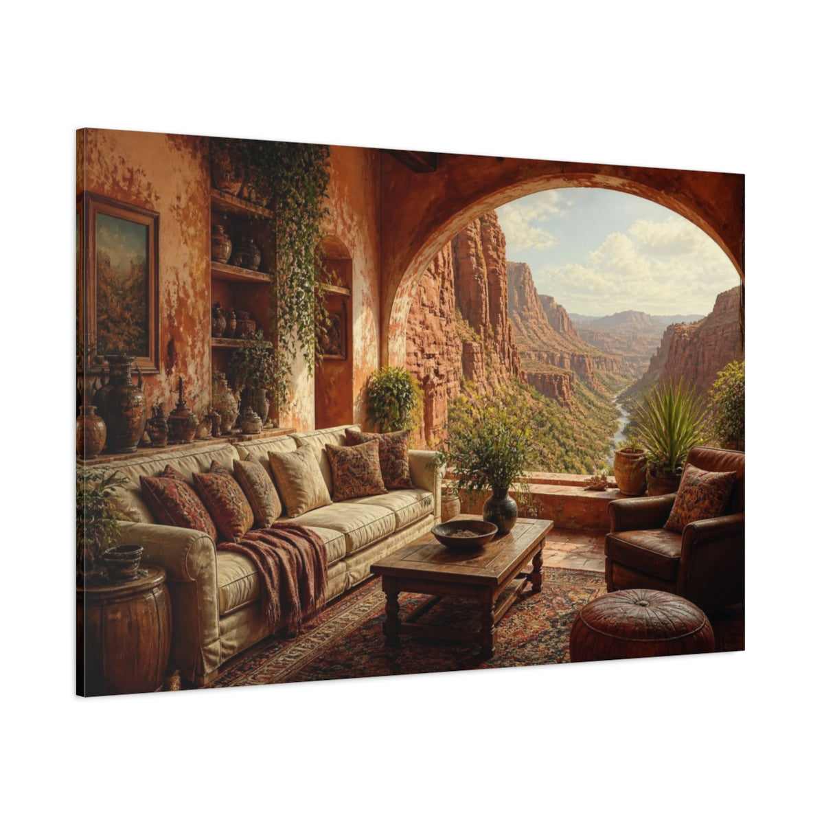 Side Mockup 1. Living Room Canyon View shown as canvas print