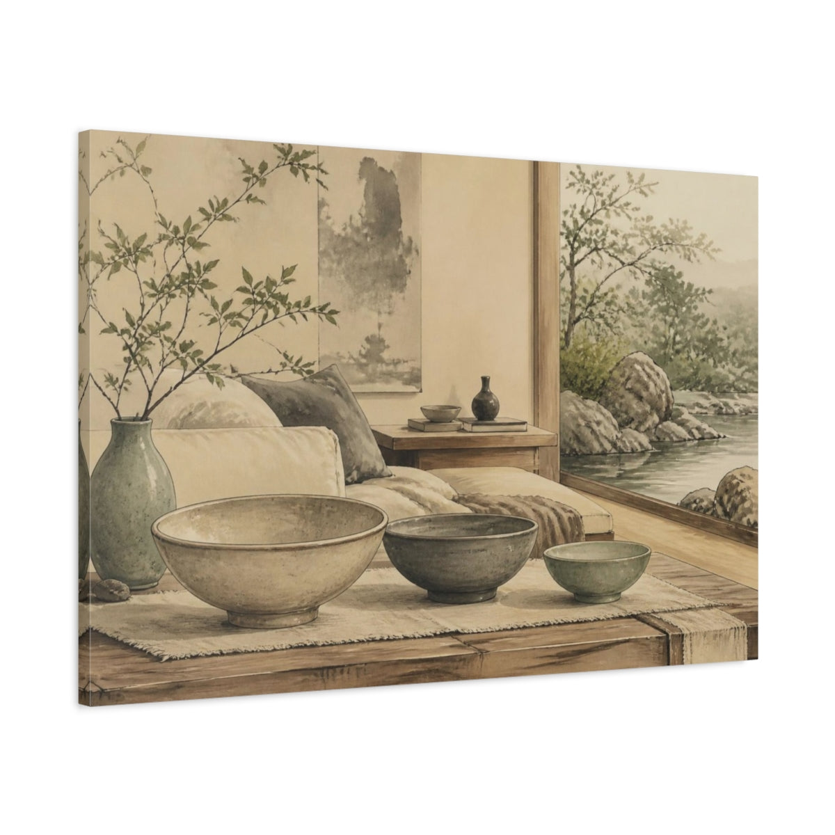 Main Mockup. Living Room Ceramic Bowls shown as canvas print