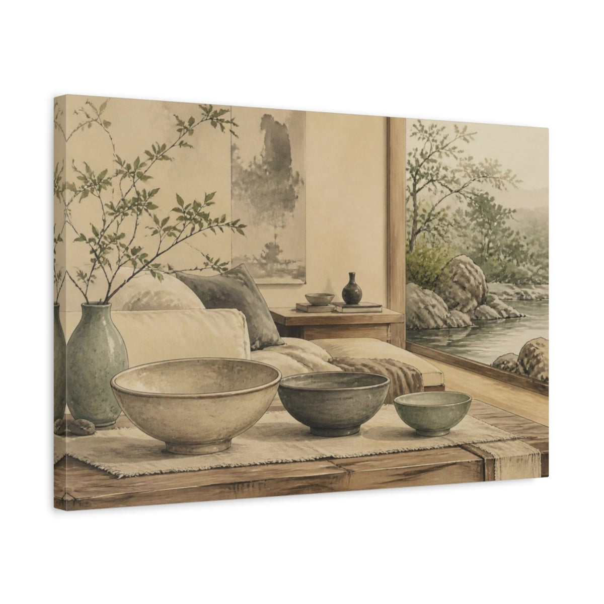 Side Mockup 3. Living Room Ceramic Bowls shown as canvas print