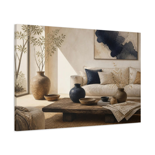 Main Mockup. Living Room Ceramic Vessels shown as canvas print