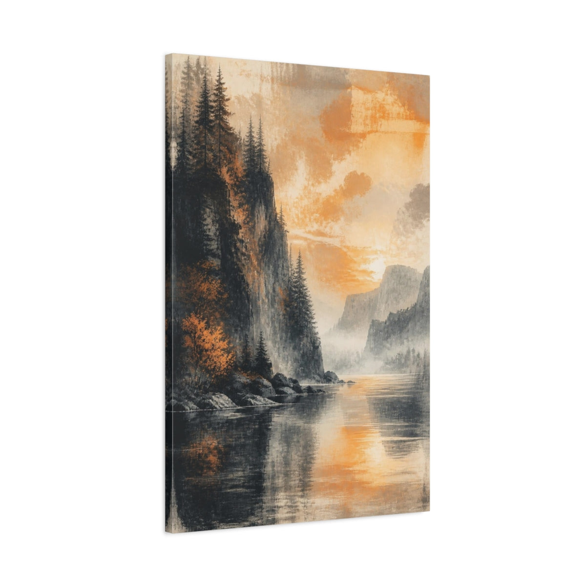 Main Mockup. Living Room Cliffside Sunset shown as canvas print