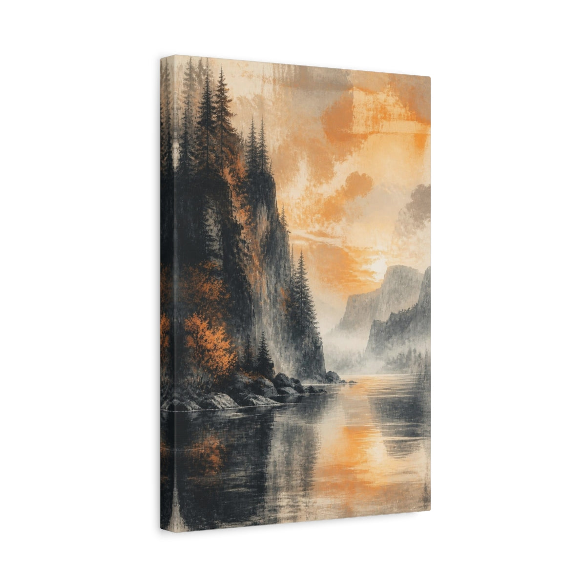 Side Mockup 4. Living Room Cliffside Sunset shown as canvas print