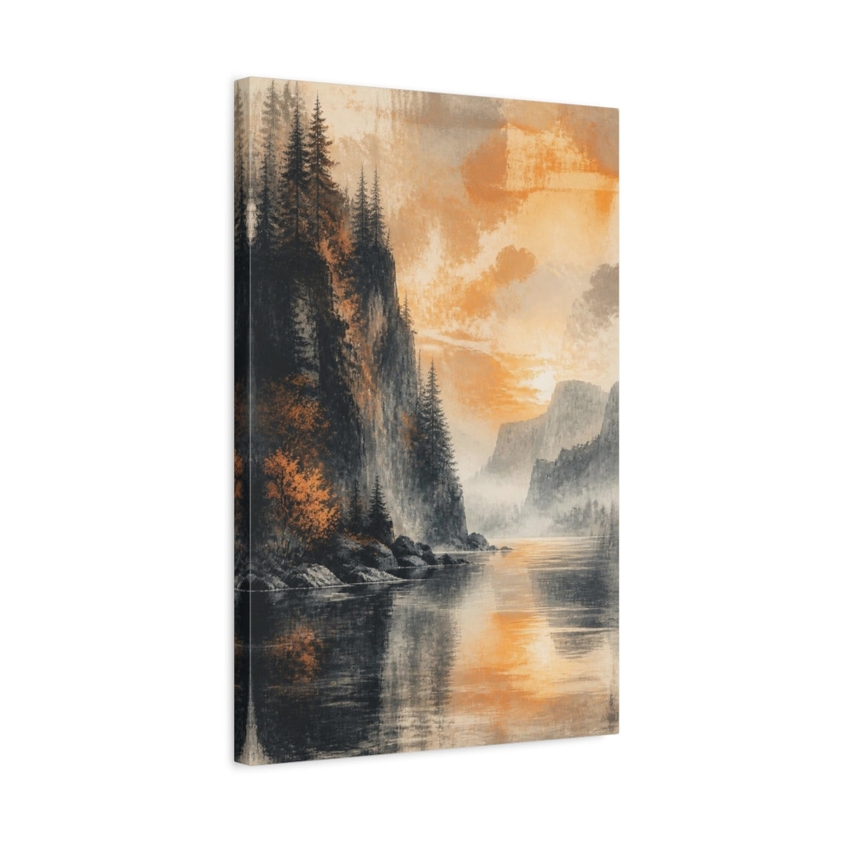 Side Mockup 3. Living Room Cliffside Sunset shown as canvas print
