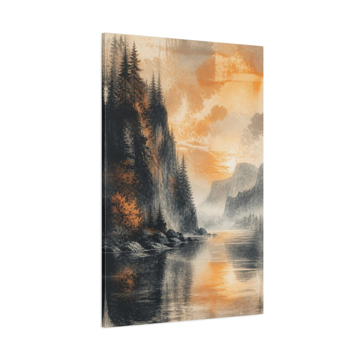 Side Mockup 1. Living Room Cliffside Sunset shown as canvas print