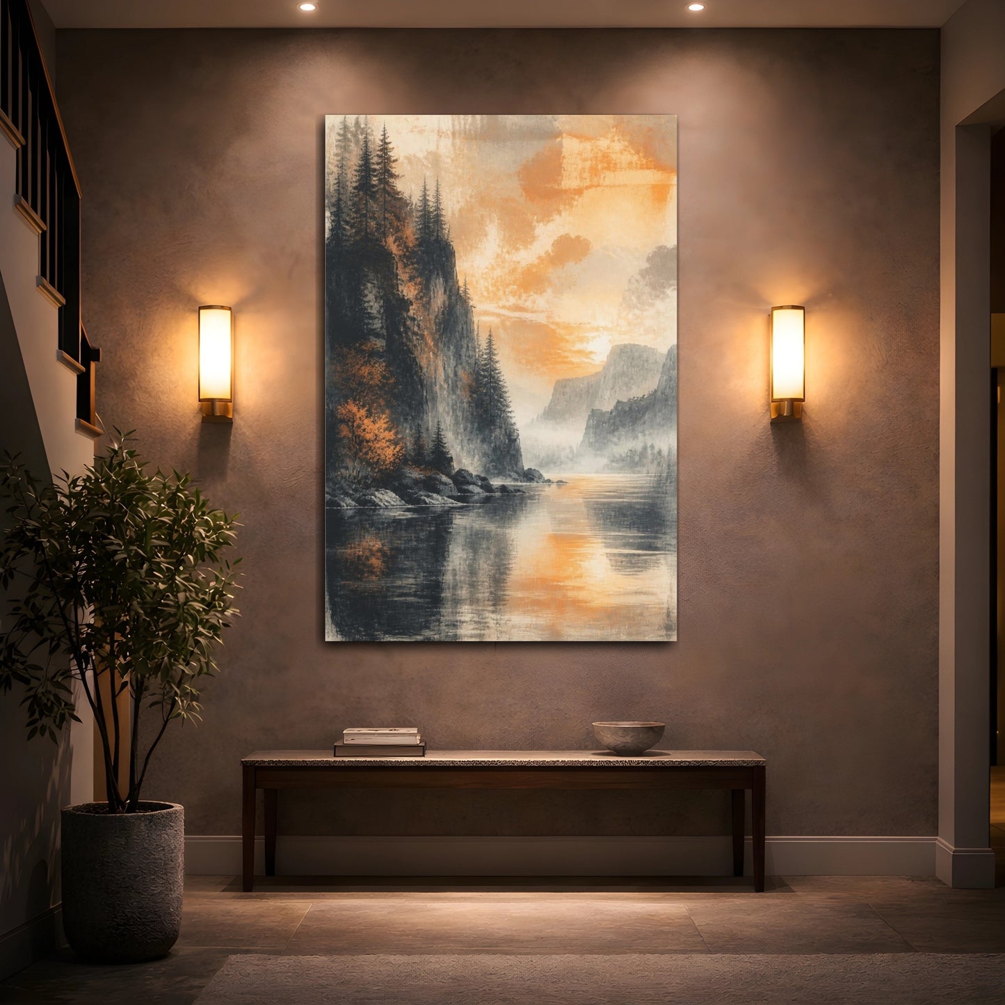 Mockup 2. Living Room Cliffside Sunset shown as canvas print