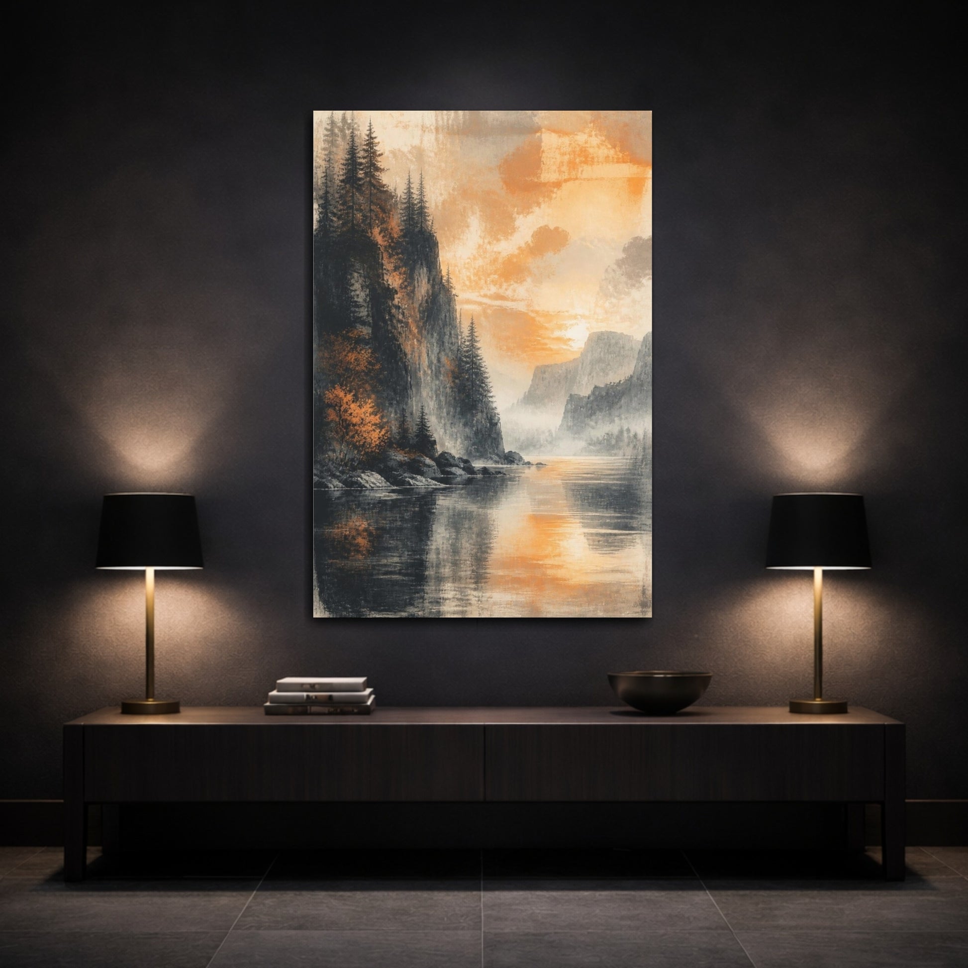 Mockup 3. Living Room Cliffside Sunset shown as canvas print