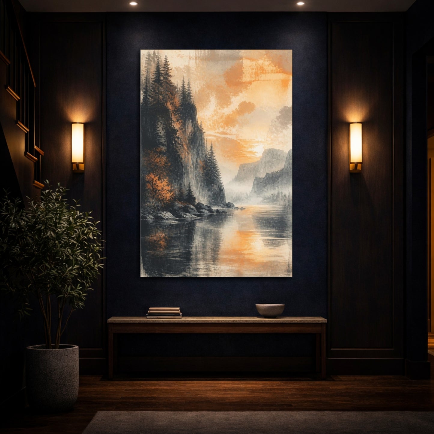 Mockup 4. Living Room Cliffside Sunset shown as canvas print