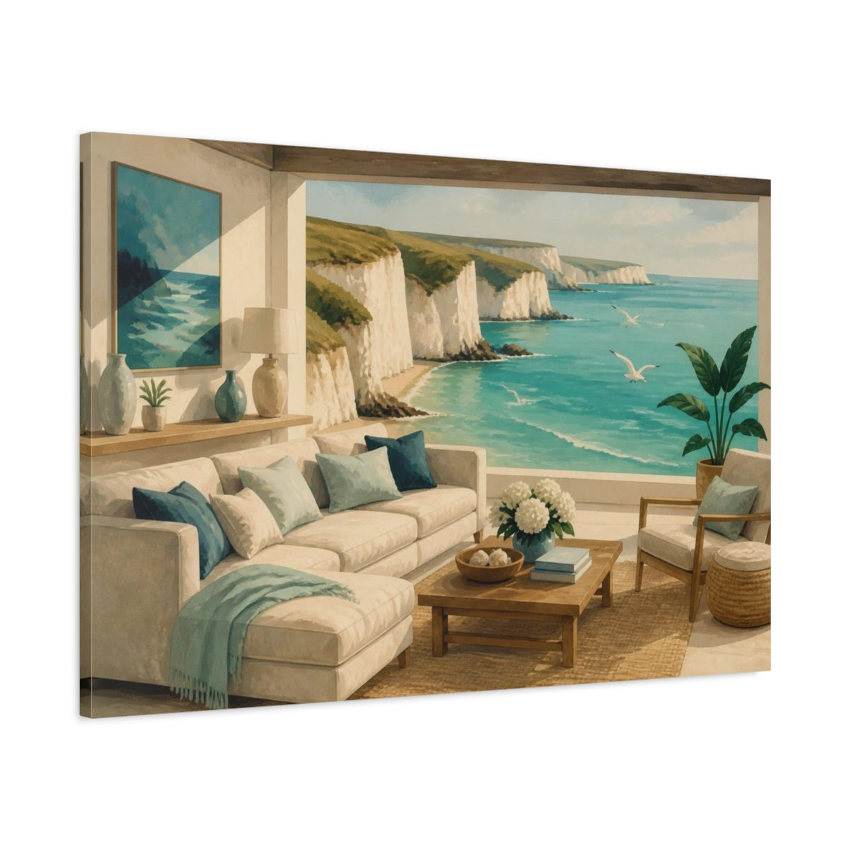 Main Mockup. Living Room Coastal Cliff View shown as canvas print