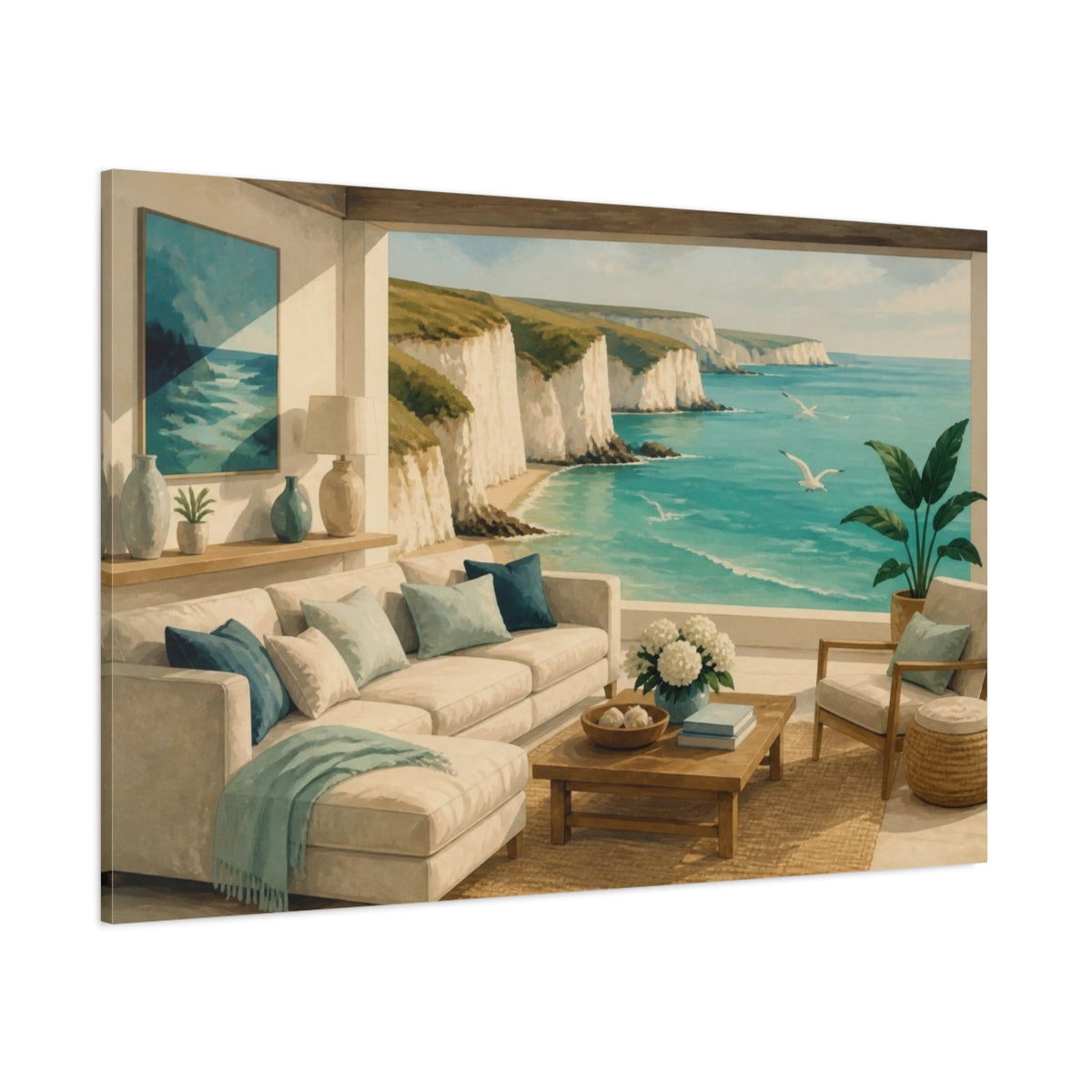 Side Mockup 1. Living Room Coastal Cliff View shown as canvas print