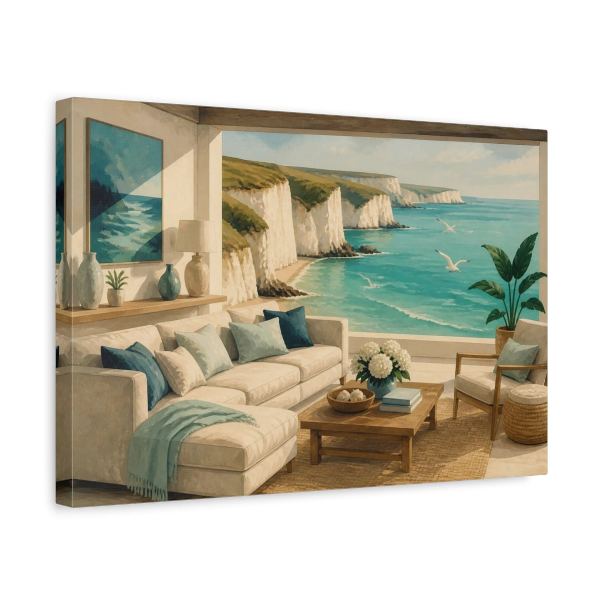 Side Mockup 4. Living Room Coastal Cliff View shown as canvas print