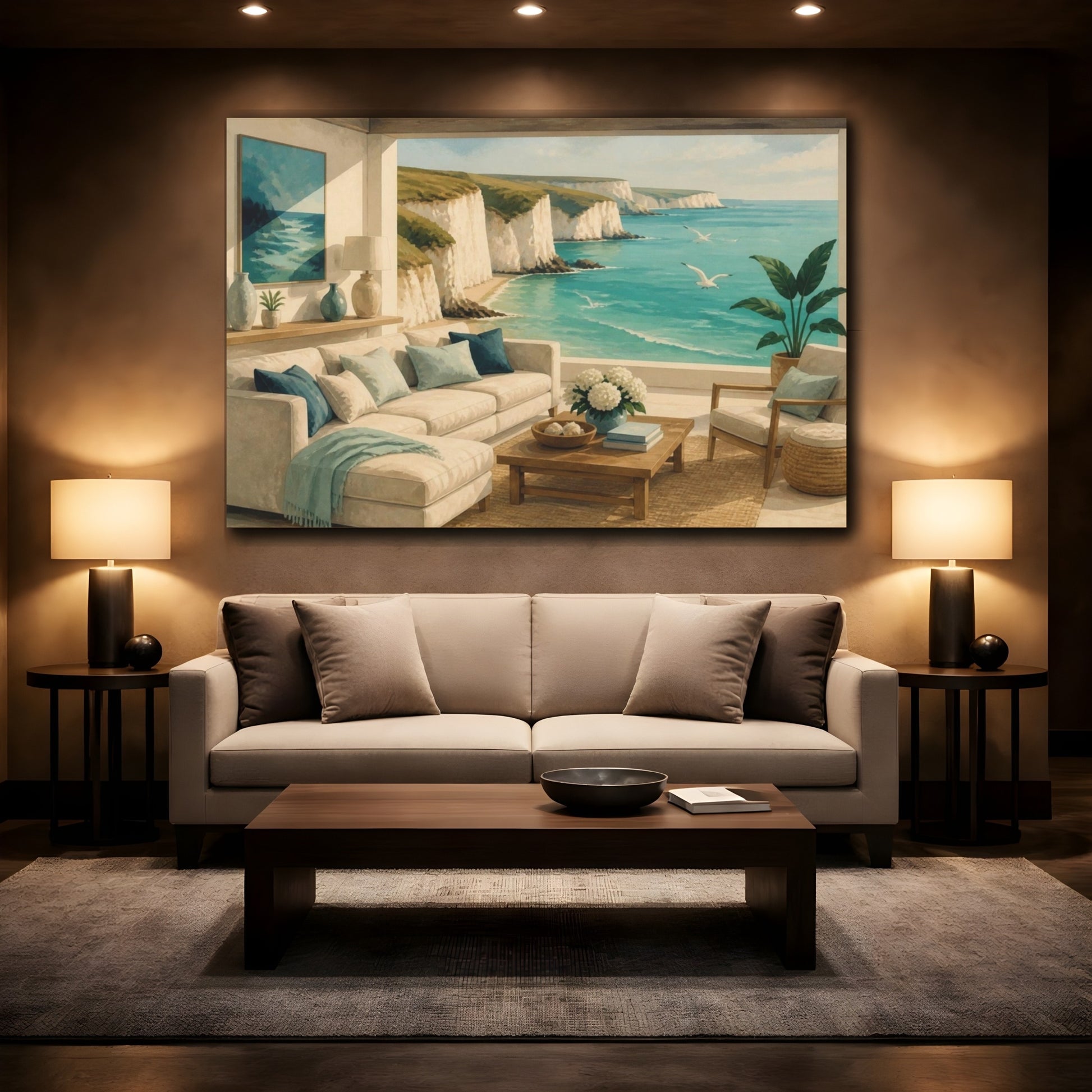 Mockup 2. Living Room Coastal Cliff View shown as canvas print