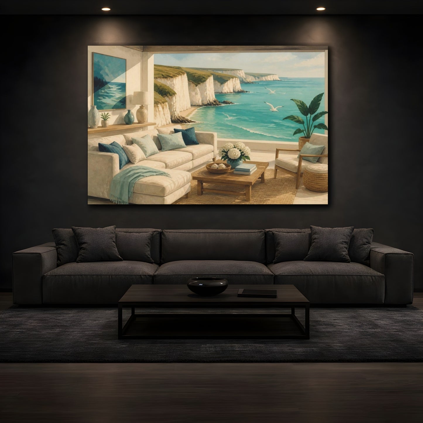 Mockup 3. Living Room Coastal Cliff View shown as canvas print