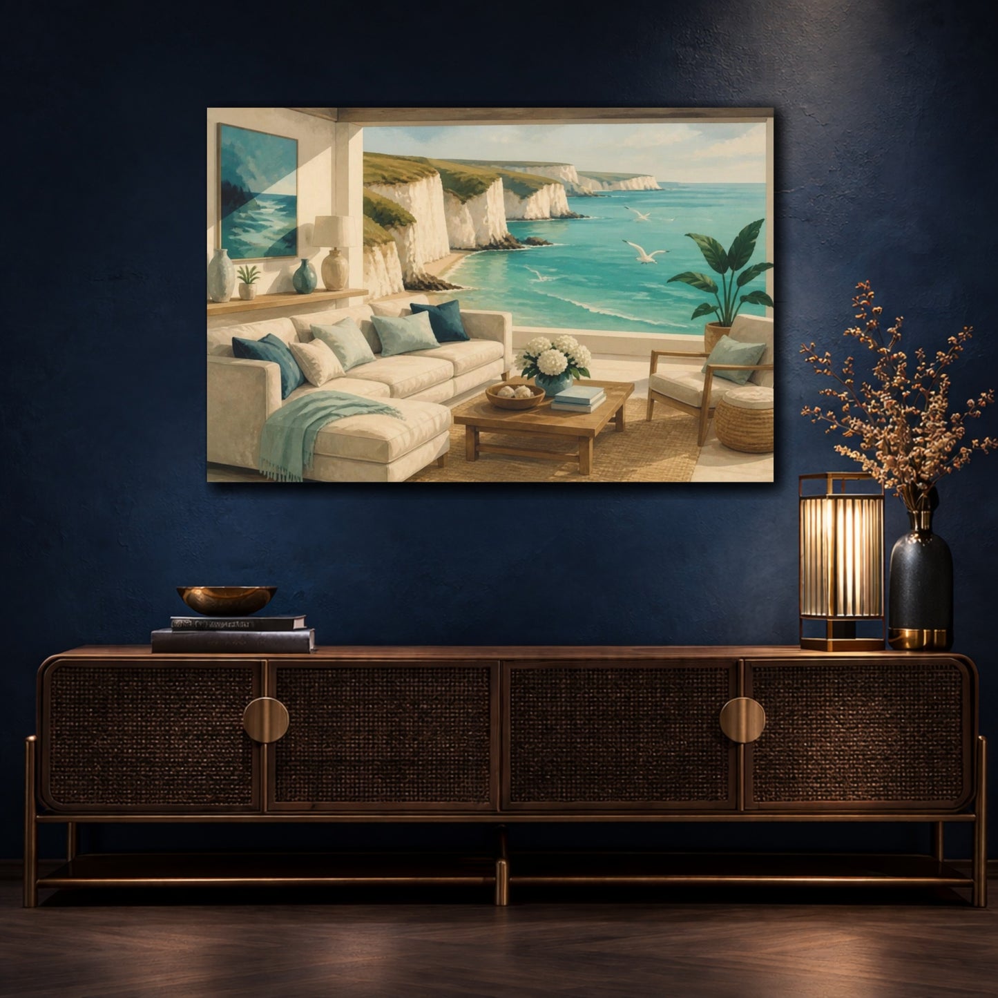 Mockup 4. Living Room Coastal Cliff View shown as canvas print