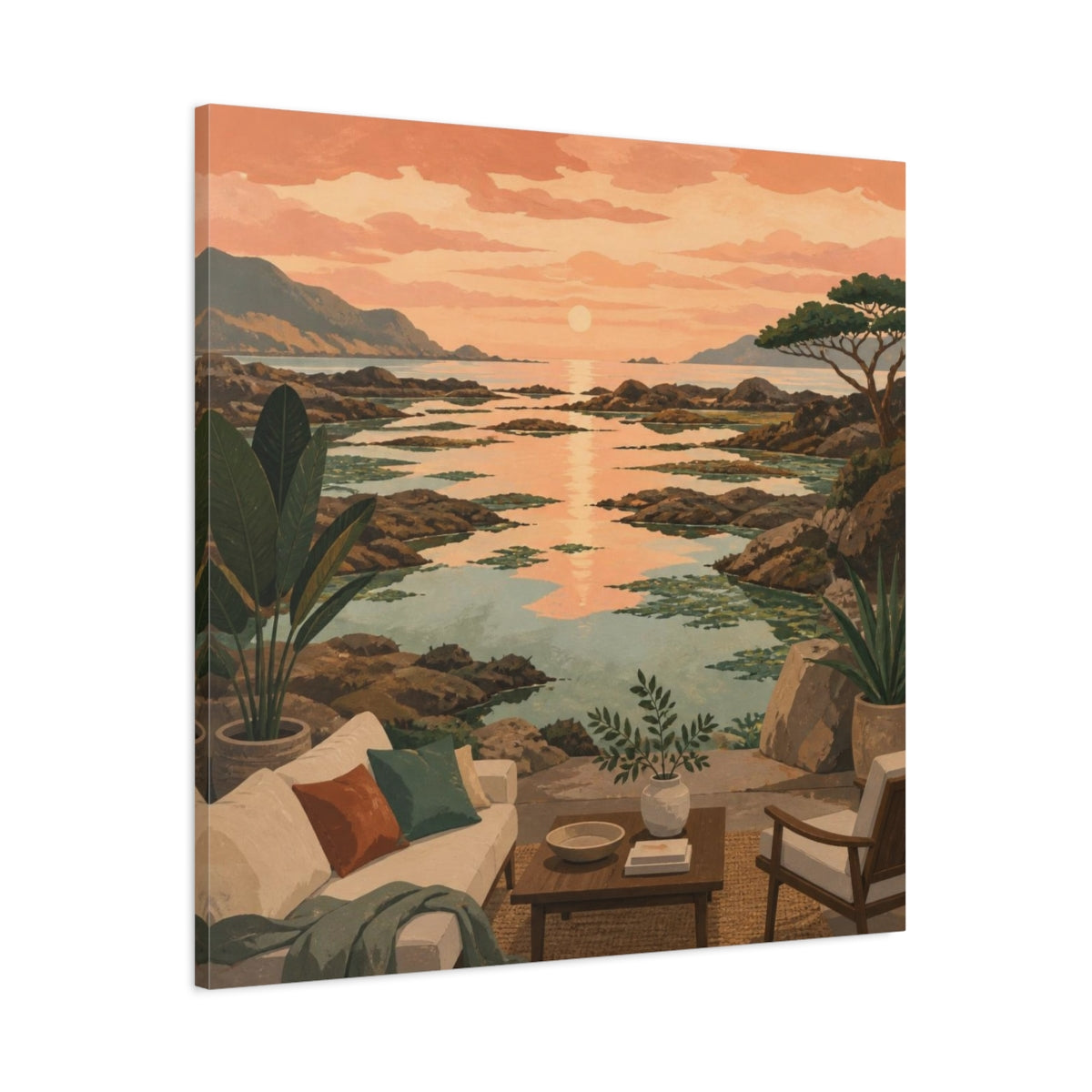 Main Mockup. Living Room Coastal Seascape shown as canvas print