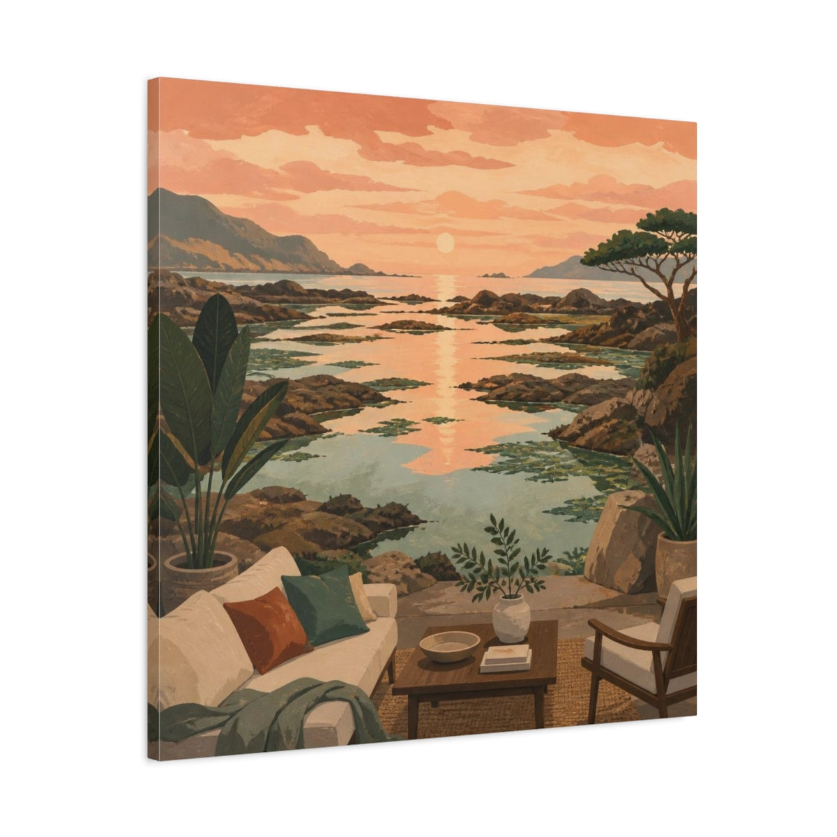 Side Mockup 3. Living Room Coastal Seascape shown as canvas print