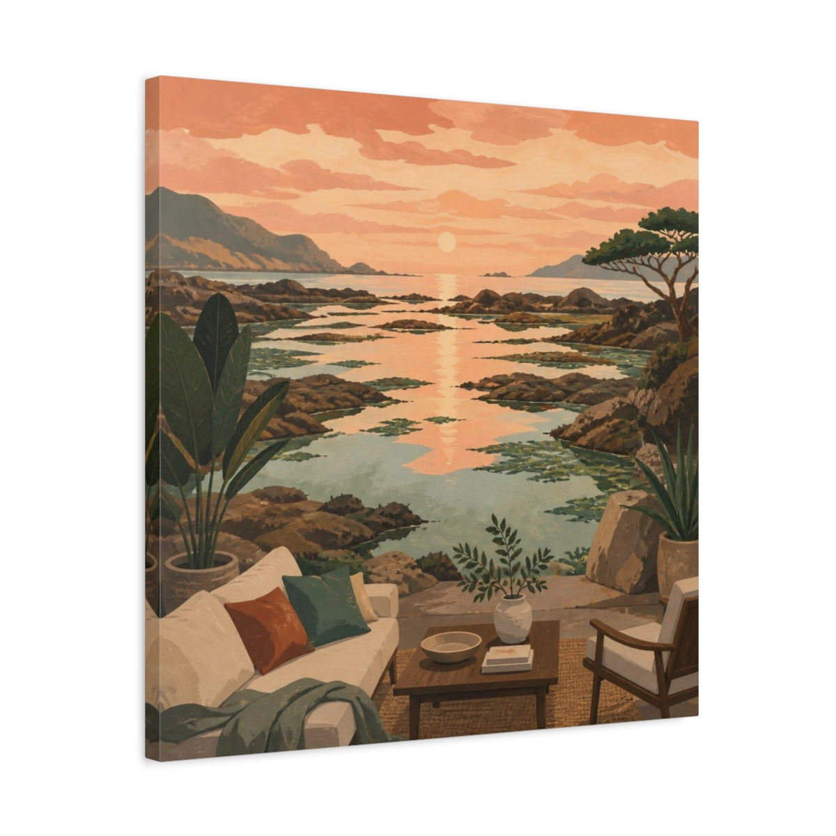 Side Mockup 4. Living Room Coastal Seascape shown as canvas print