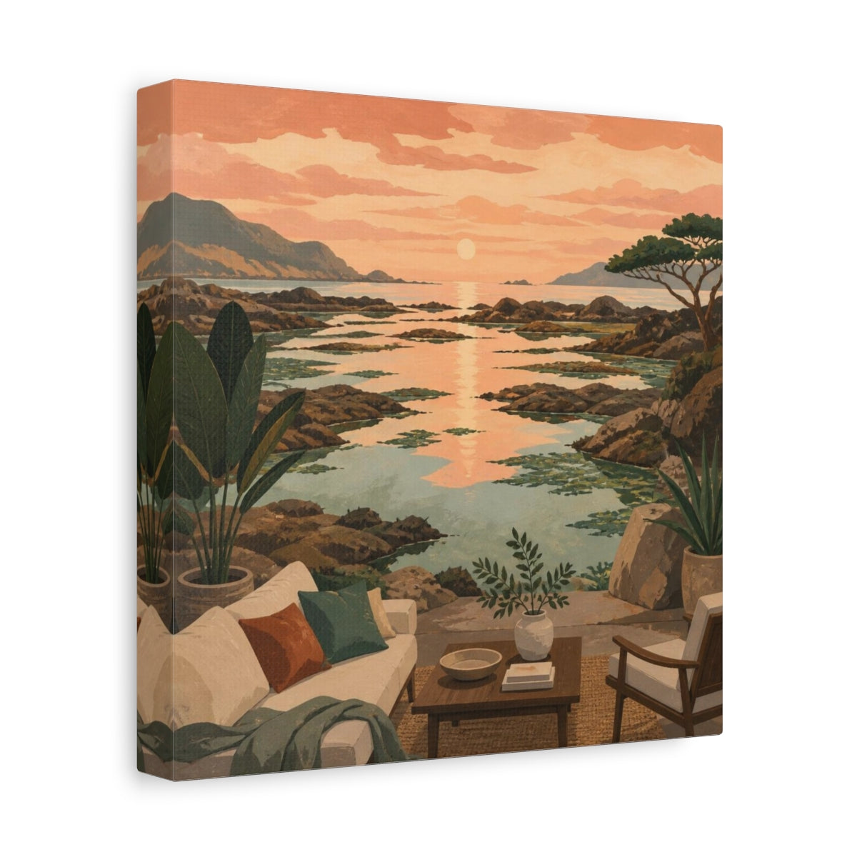 Side Mockup 9. Living Room Coastal Seascape shown as canvas print