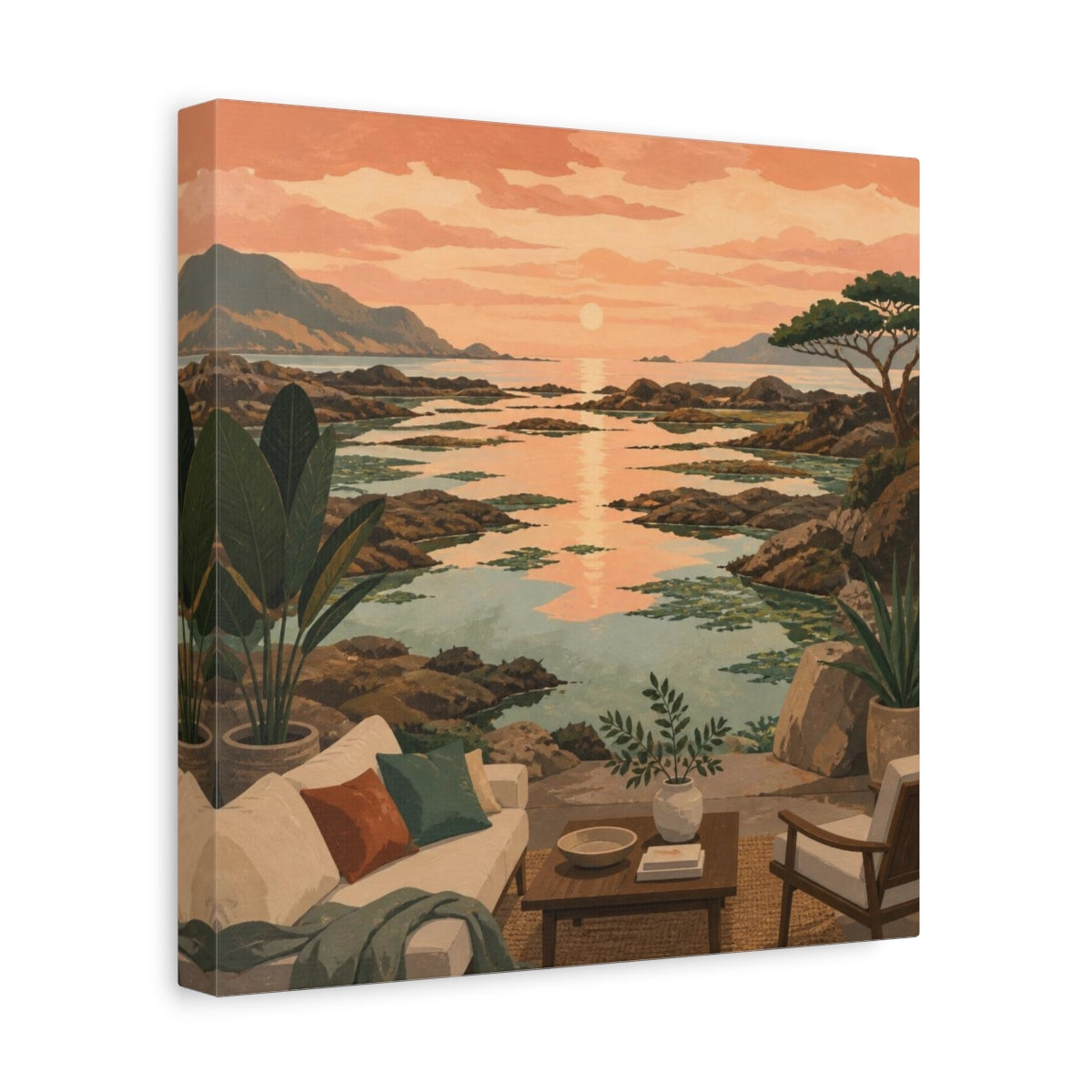 Side Mockup 8. Living Room Coastal Seascape shown as canvas print