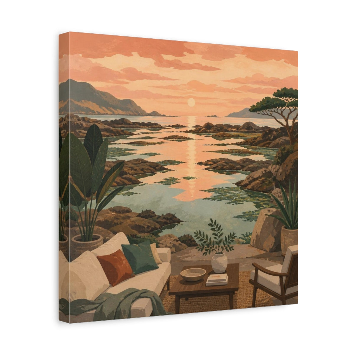 Side Mockup 7. Living Room Coastal Seascape shown as canvas print