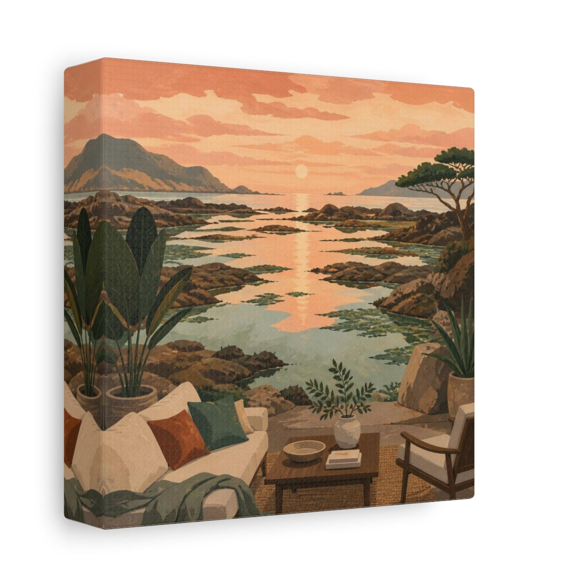 Side Mockup 2. Living Room Coastal Seascape shown as canvas print