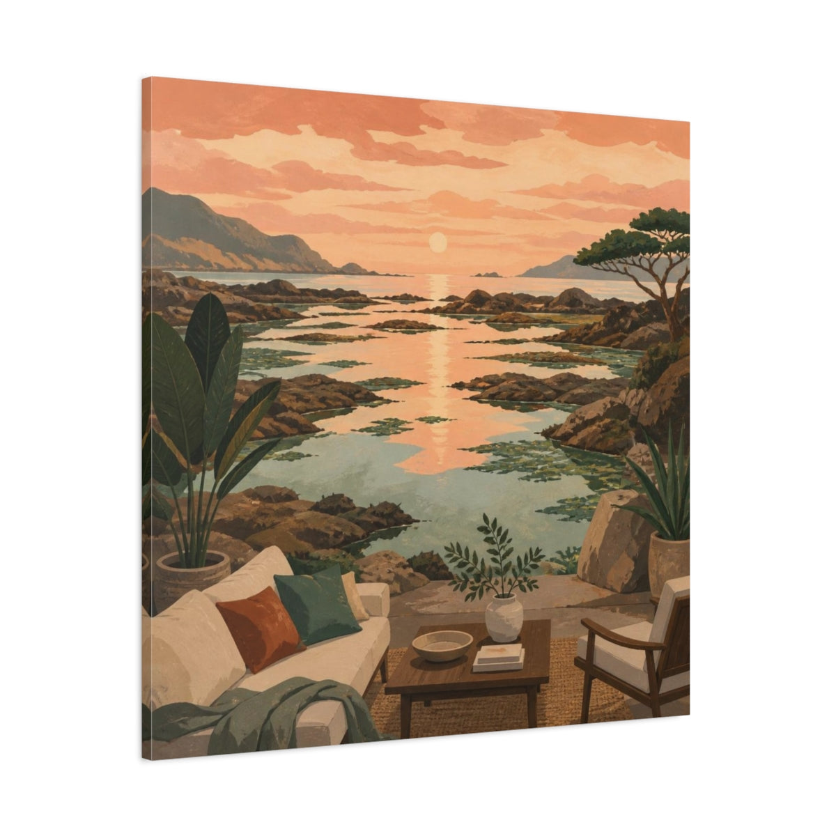 Side Mockup 1. Living Room Coastal Seascape shown as canvas print