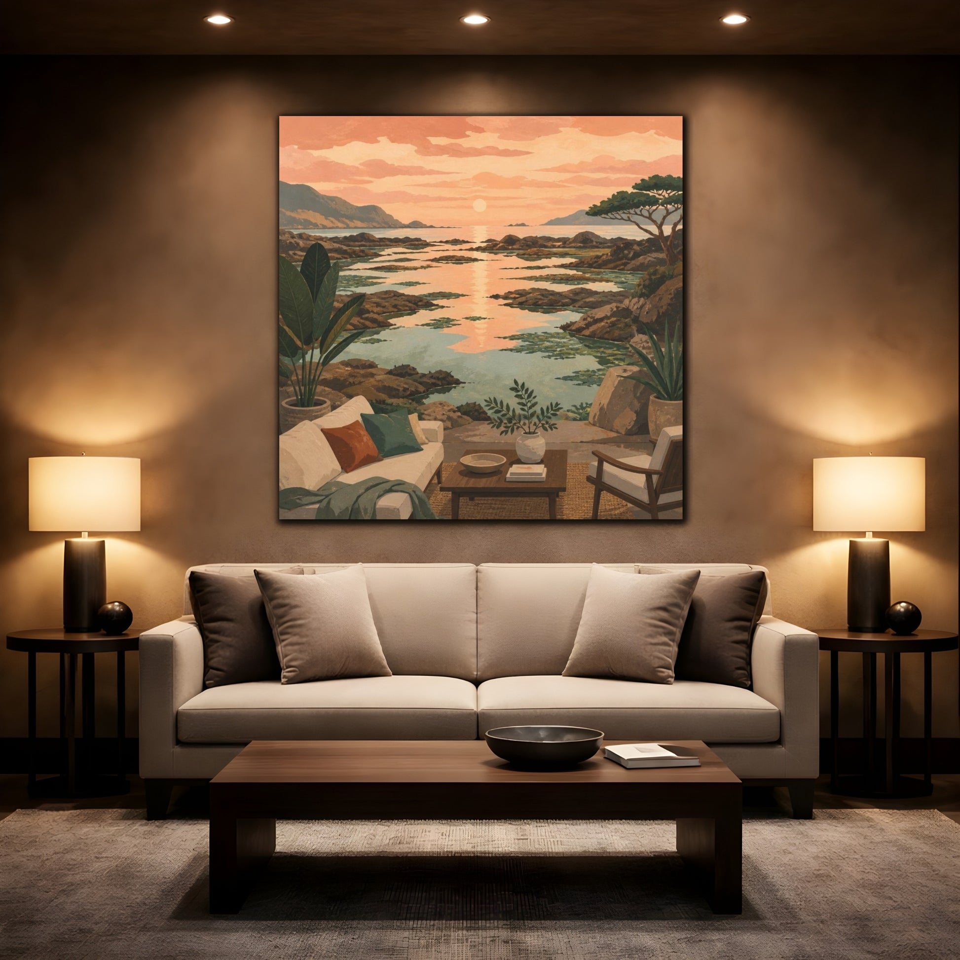 Mockup 2. Living Room Coastal Seascape shown as canvas print