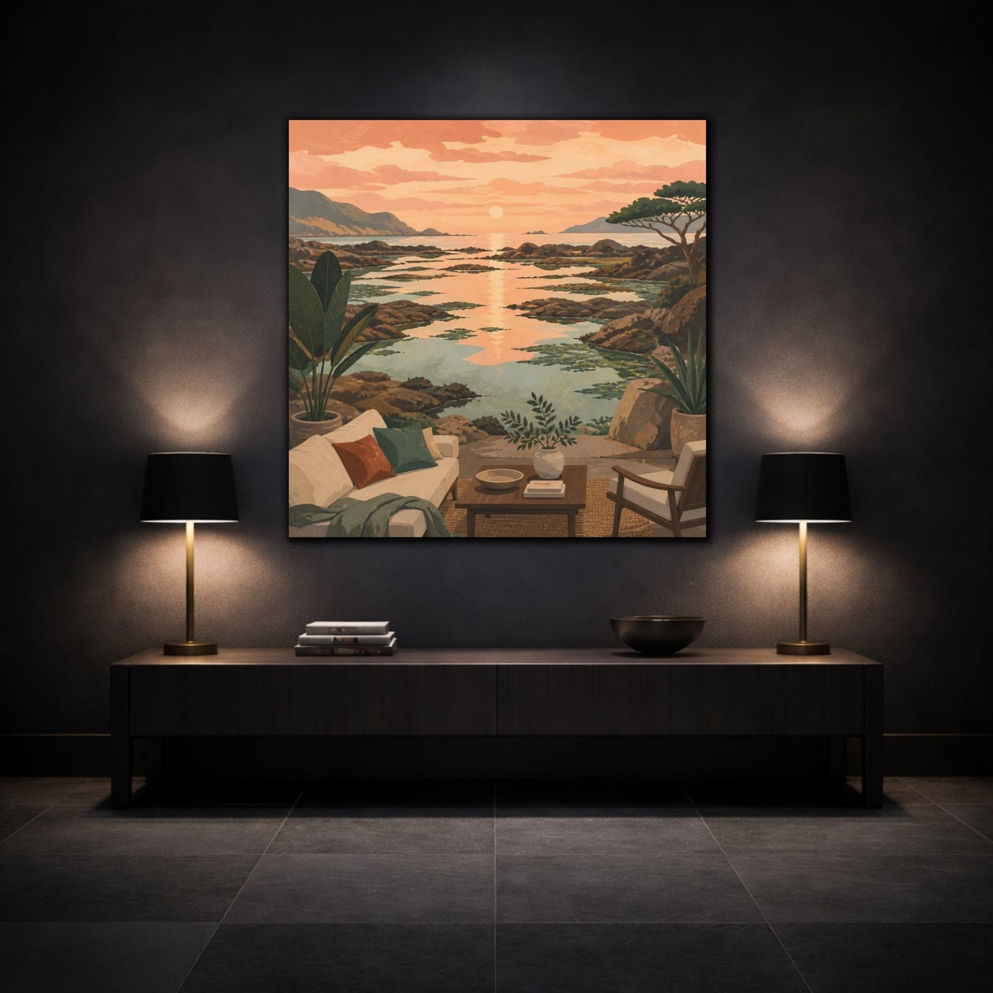 Mockup 3. Living Room Coastal Seascape shown as canvas print