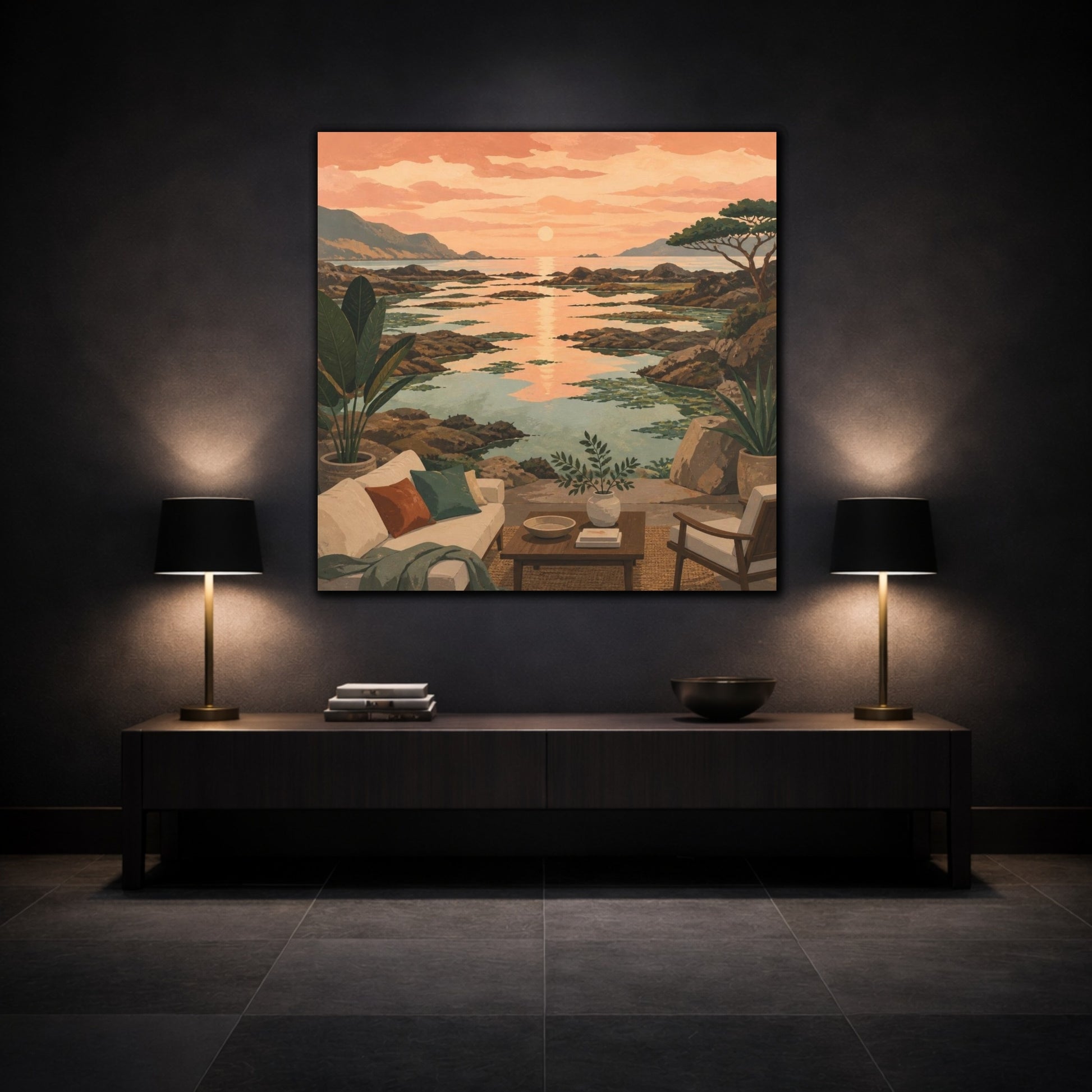 Mockup 3. Living Room Coastal Seascape shown as canvas print