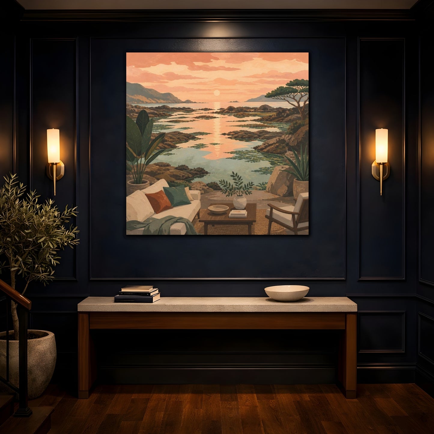 Mockup 4. Living Room Coastal Seascape shown as canvas print