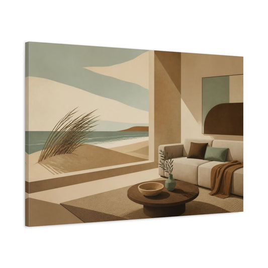 Main Mockup. Living Room Coastal View shown as canvas print