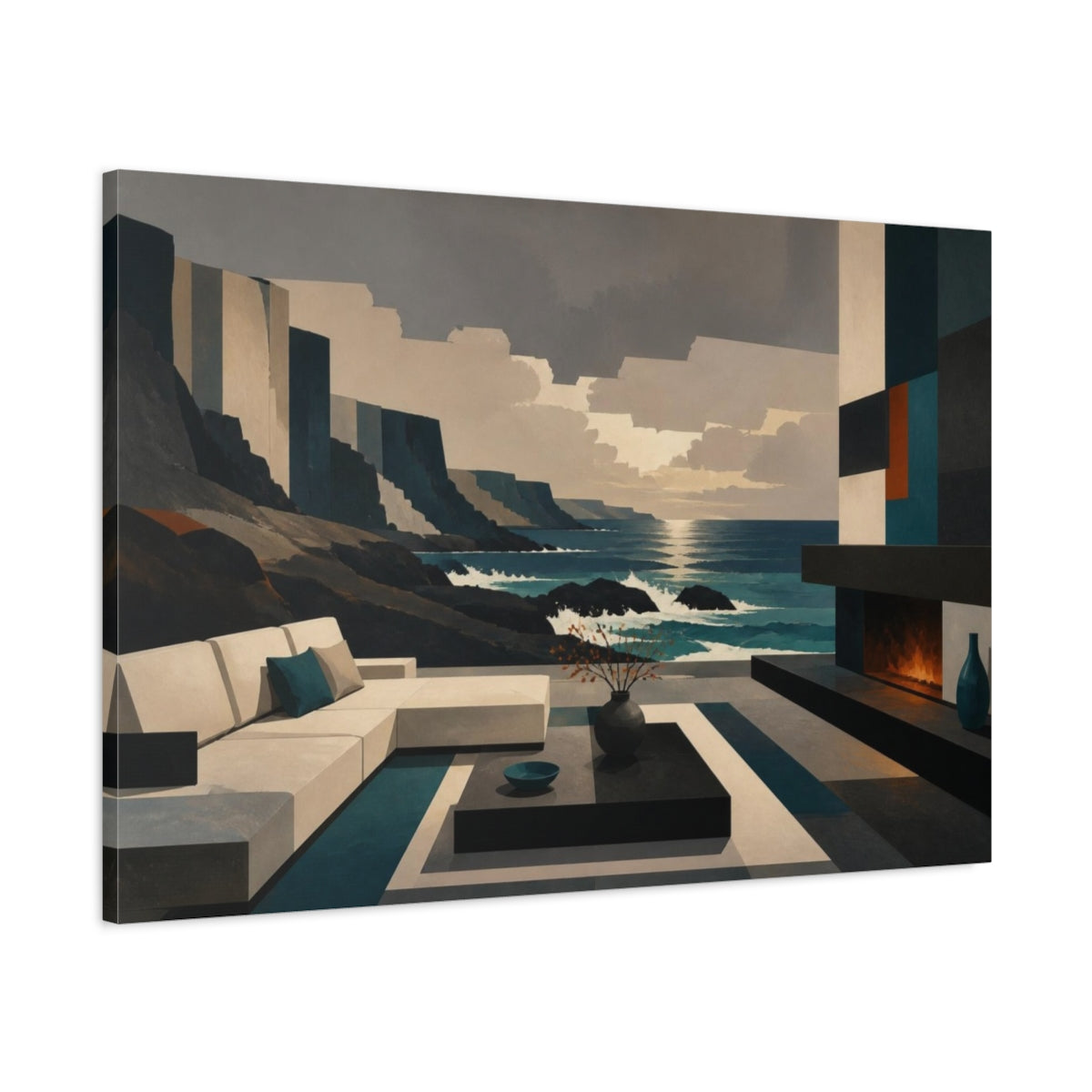 Main Mockup. Living Room Coastal View shown as canvas print