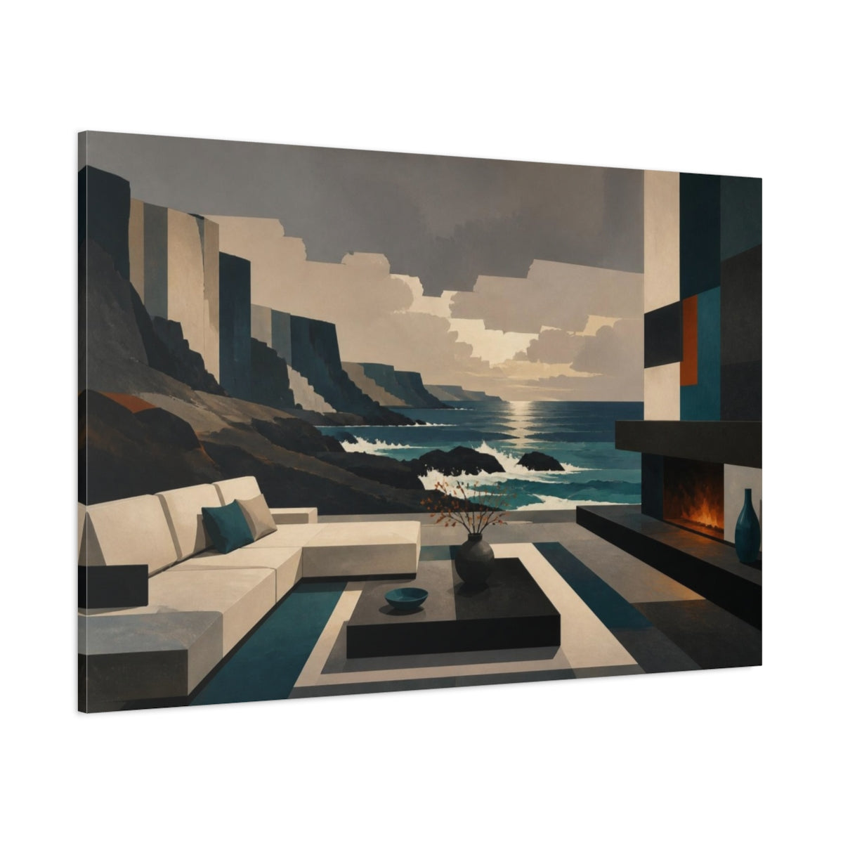 Side Mockup 1. Living Room Coastal View shown as canvas print