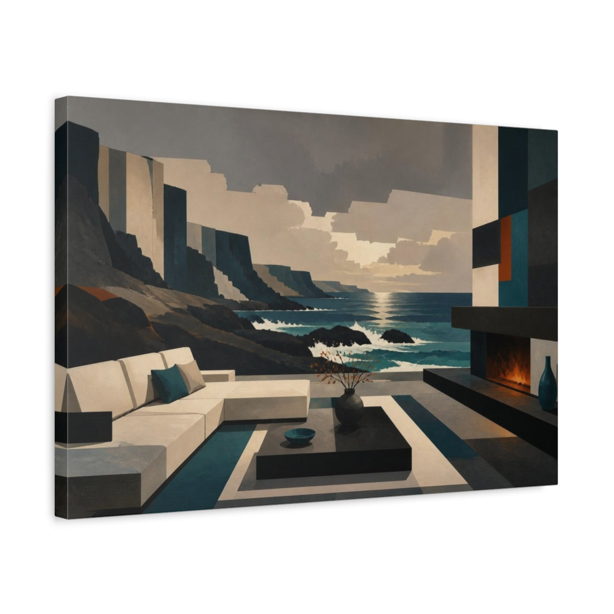 Side Mockup 3. Living Room Coastal View shown as canvas print