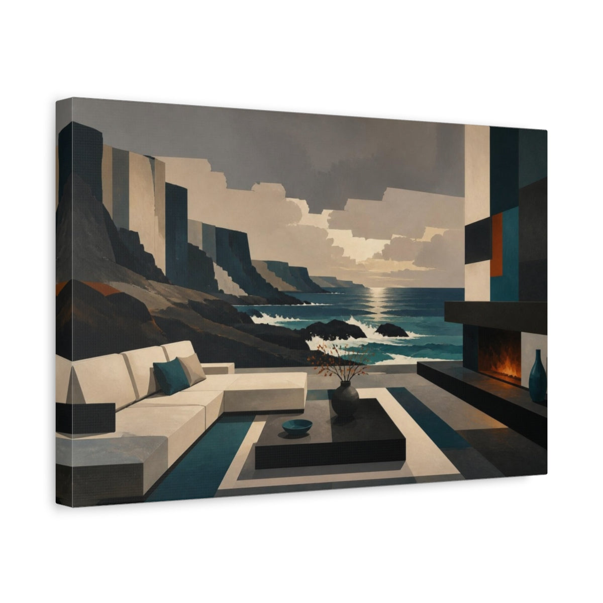 Side Mockup 4. Living Room Coastal View shown as canvas print