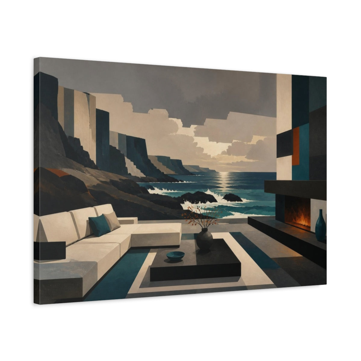 Side Mockup 2. Living Room Coastal View shown as canvas print