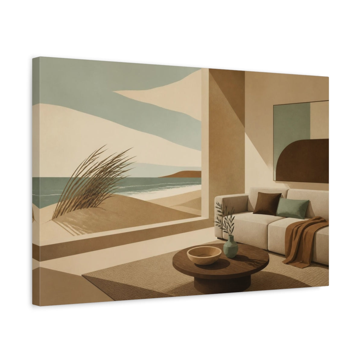 Side Mockup 3. Living Room Coastal View shown as canvas print