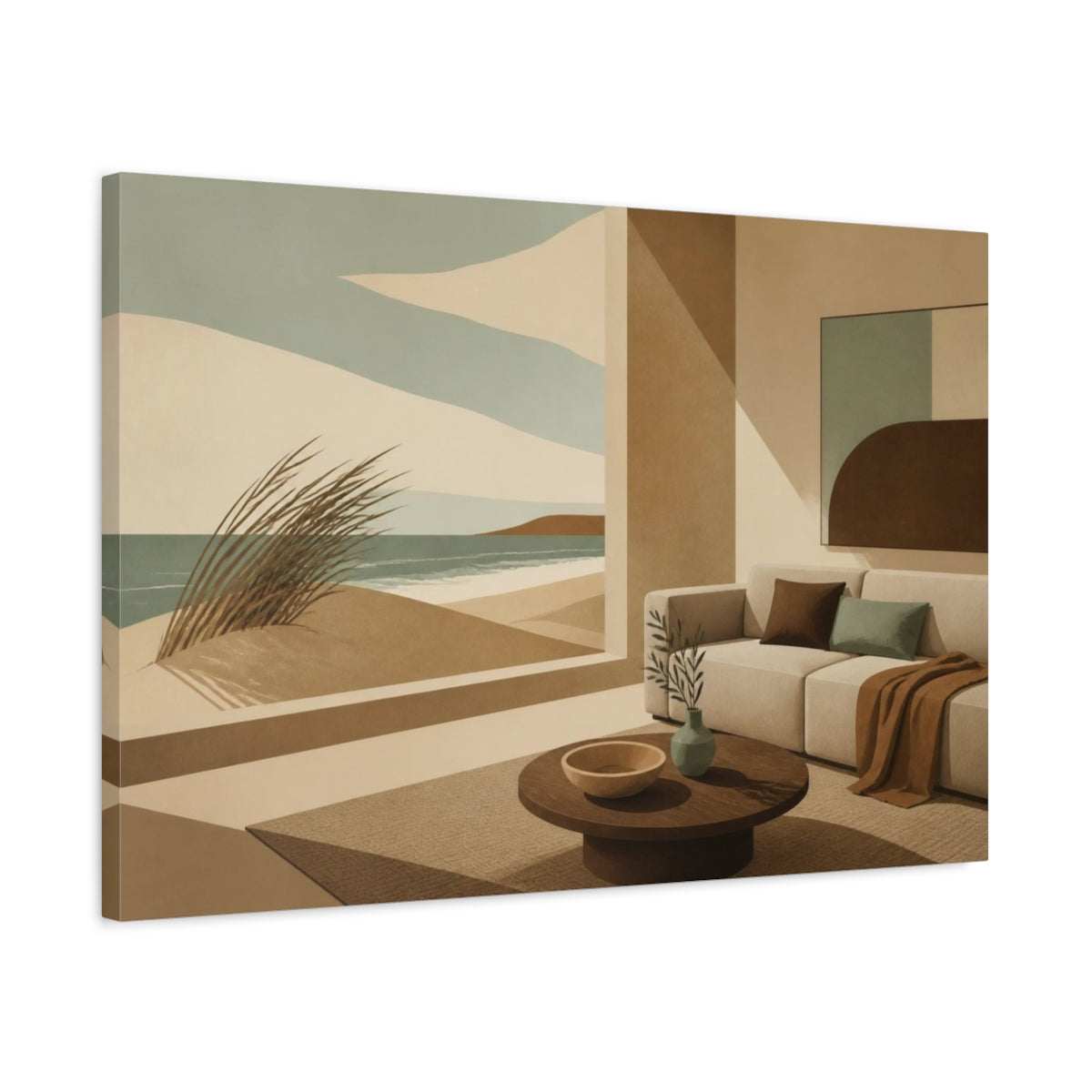 Side Mockup 2. Living Room Coastal View shown as canvas print