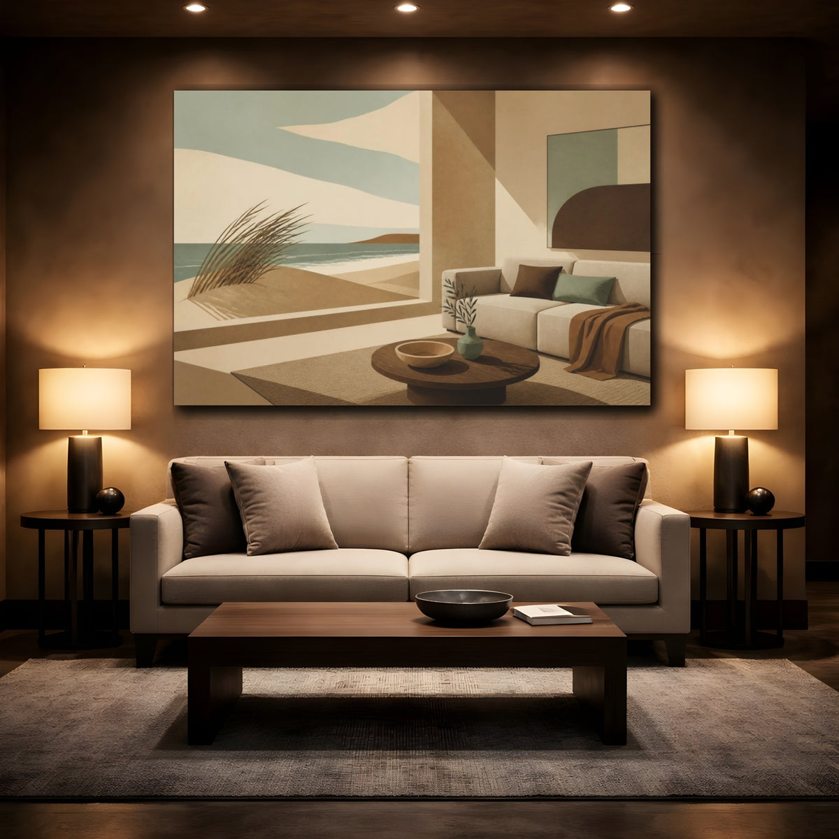 Mockup 2. Living Room Coastal View shown as canvas print