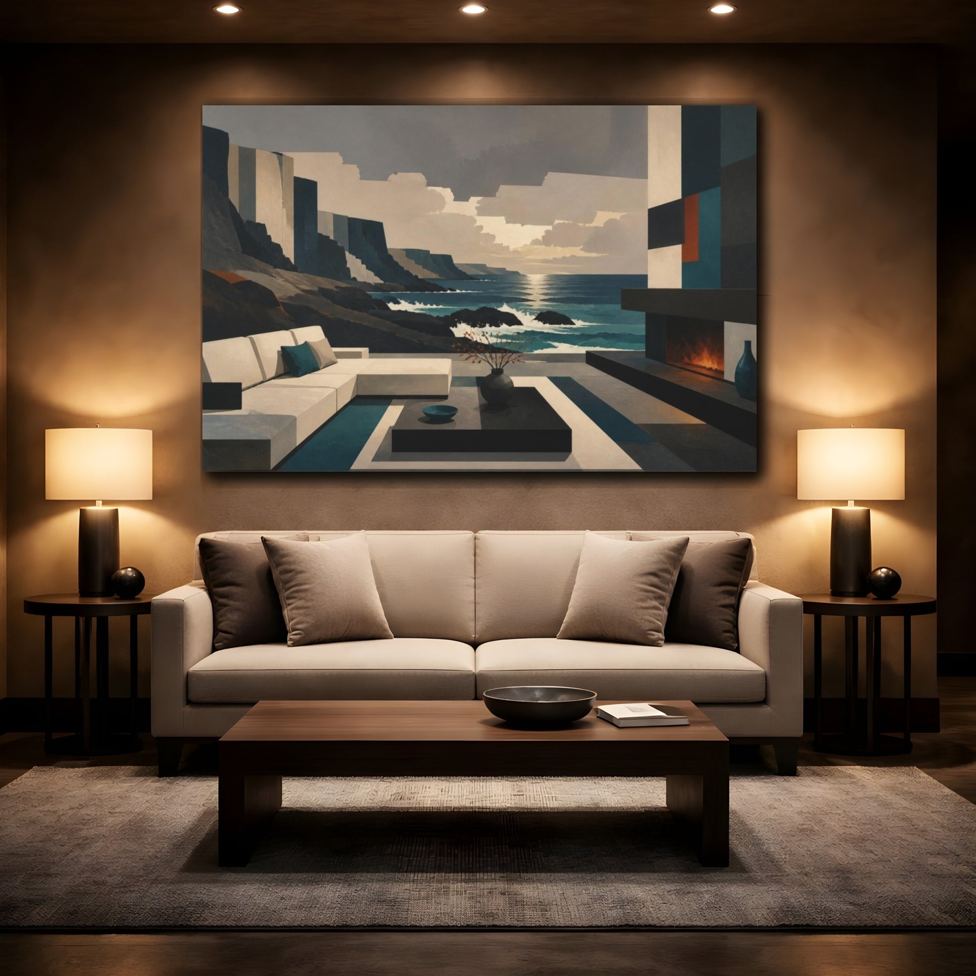 Mockup 2. Living Room Coastal View shown as canvas print